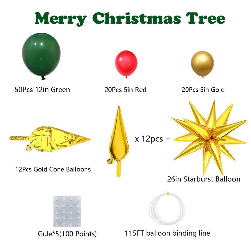 Christmas Balloon Garland Arch Kit – Festive Green, Red, and Gold Latex Balloons with Xmas Tree Balloons and Golden Starburst Accents for Holiday Party Decorations