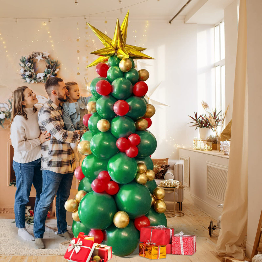 Christmas Balloon Garland Arch Kit – Festive Green, Red, and Gold Latex Balloons with Xmas Tree Balloons and Golden Starburst Accents for Holiday Party Decorations