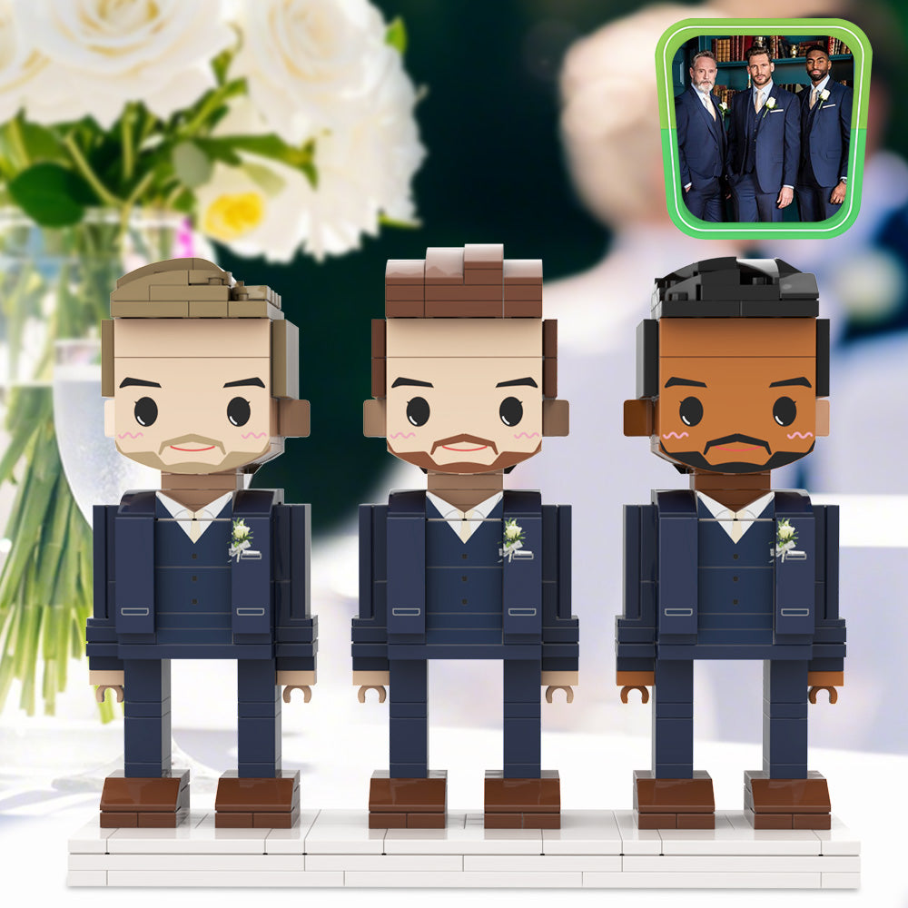 Personalized Souvenir for Best Man: Full Custom 3-Person Brick Figures with Navy Blue Suit 鈥?Wedding & Anniversary Gift