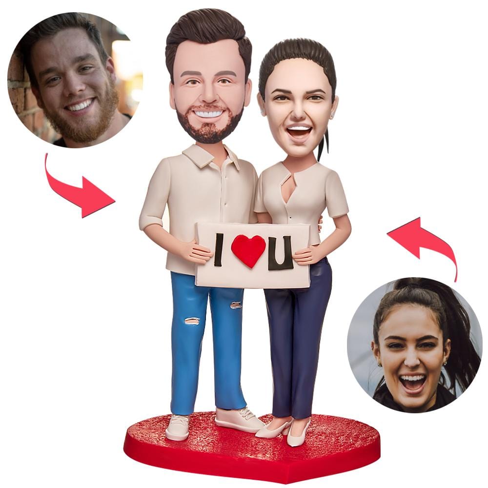 Personalized Couple Bobblehead with I LOVE U Sign Anniversary Days Gifts