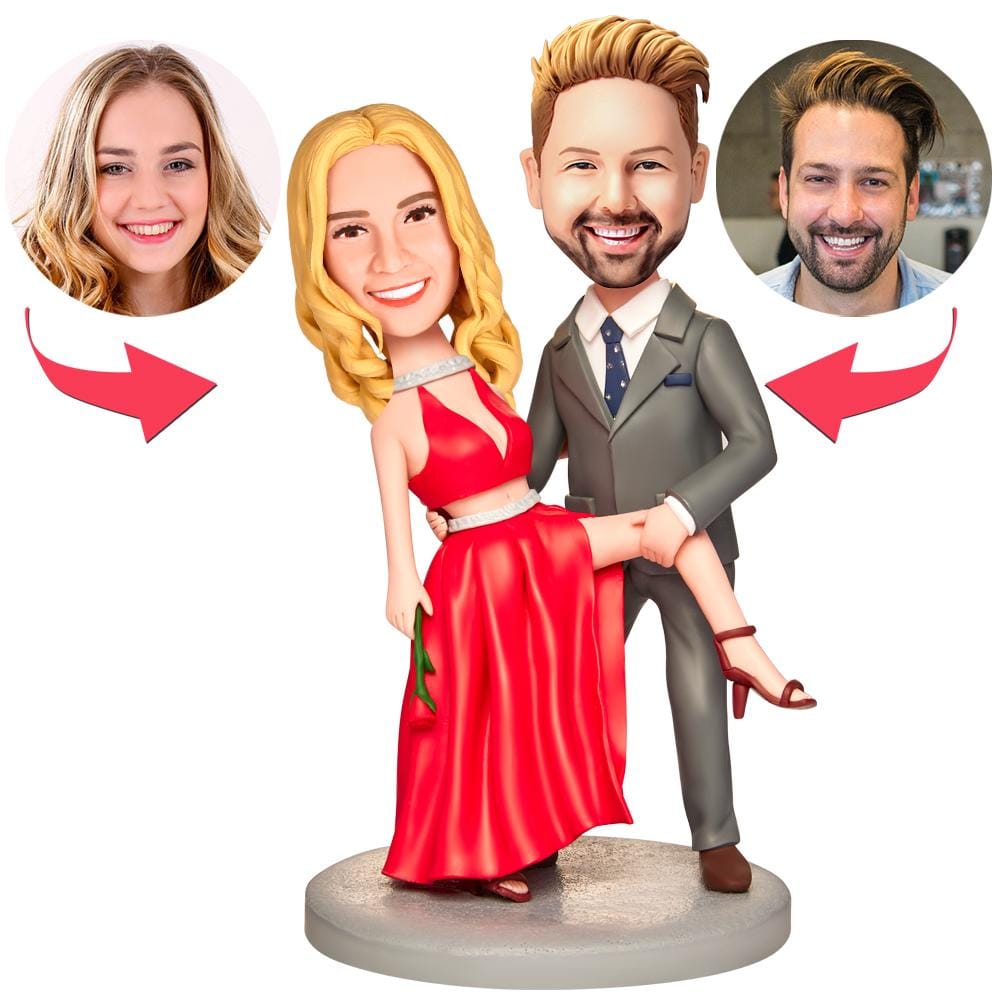 Custom Wedding Bobbleheads with Engraved Text Personalized Bobble Head Wedding Gifts - Hot Red Dress