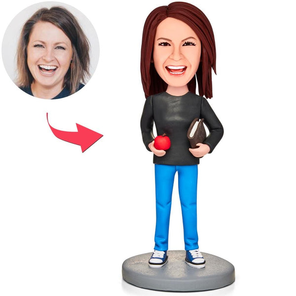 Female Teacher Holding Apple And Book Custom Bobbleheads With Engraved Text Gifts for Mom