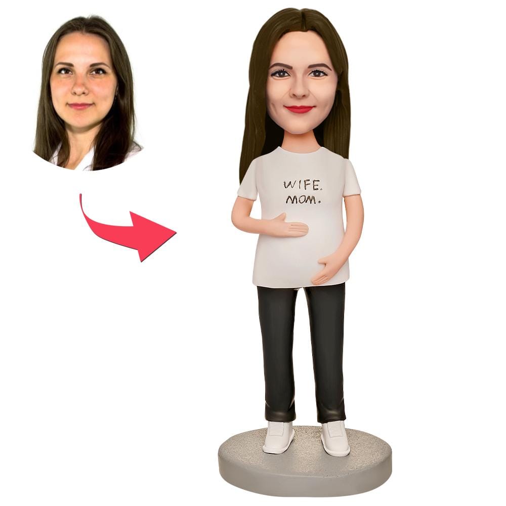 Custom Bobblehead with Engraved Text Mother's Day Gift - Pregnant Woman in White T-shirt