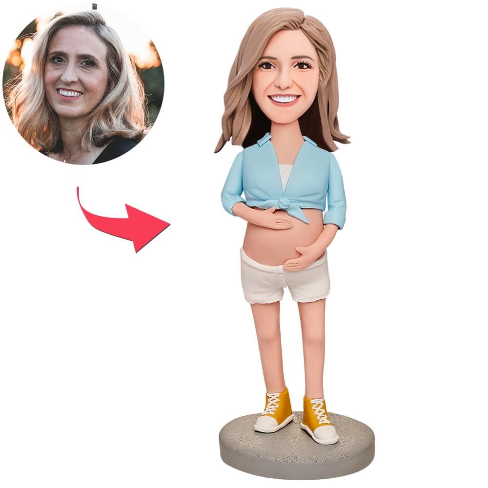 Mother's Day Custom Bobblehead with Engraved Text Gift for Mom - Pregnant Woman in Blue