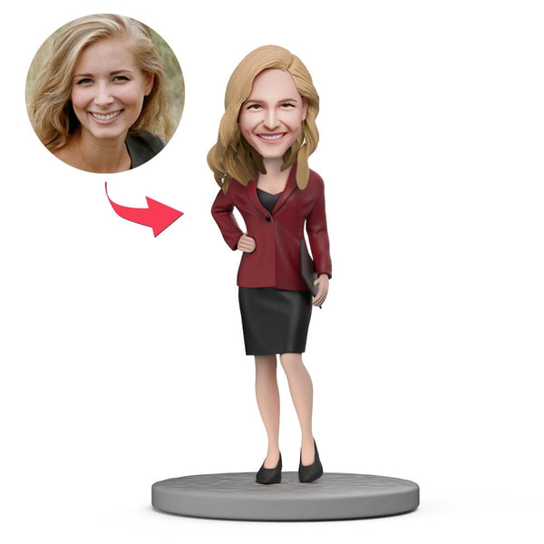 Female Boss with Red Suit and Short Skirt Custom Bobblehead with Engraved Text Gifts for Mom