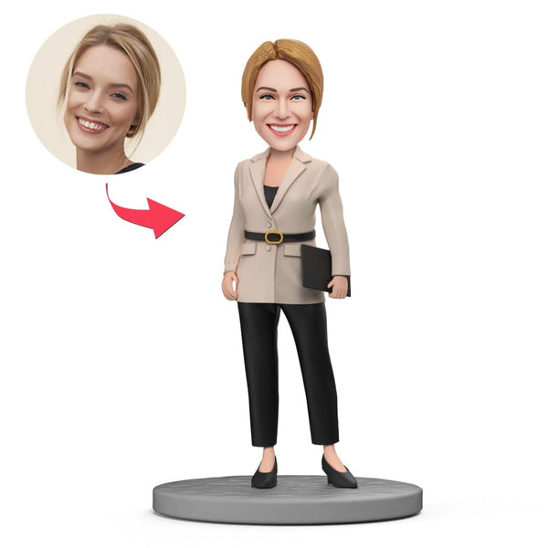 Office Lady Beige Jacket with Black Pants Custom Bobblehead with Engraved Text Gifts for Mom