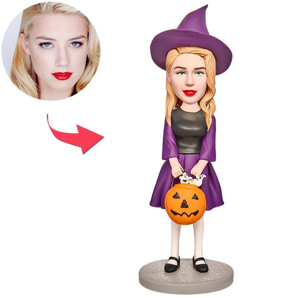 Halloween Gift Custom Bobblehead with Engraved Text - Little Witch with Jack-O-Lantern