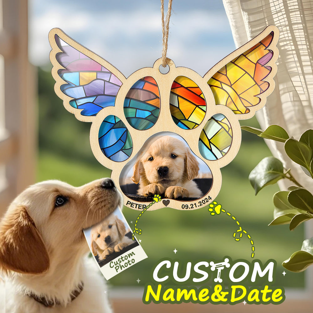 Personalized Pet Suncatcher Ornament with Photo Paw Print Ornament Memorial Gift for Pet Lovers