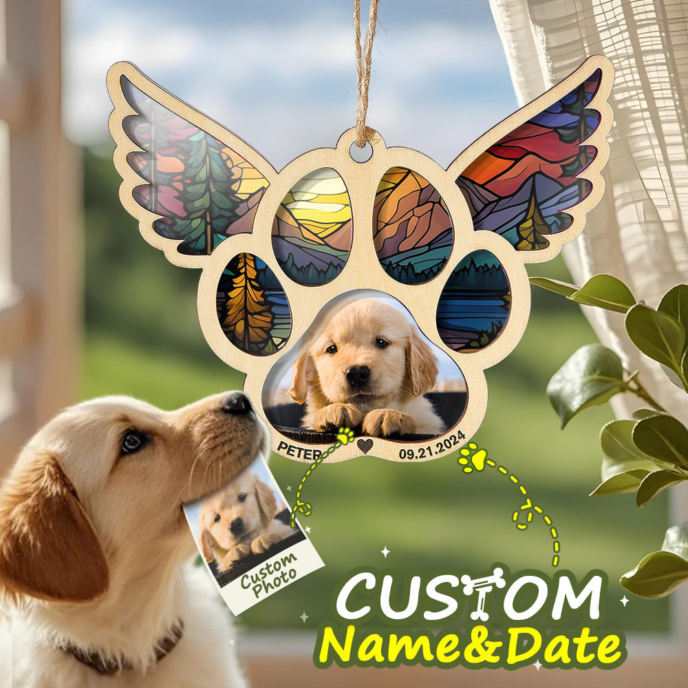 Personalized Pet Suncatcher Ornament with Photo Paw Print Ornament Memorial Gift for Pet Lovers