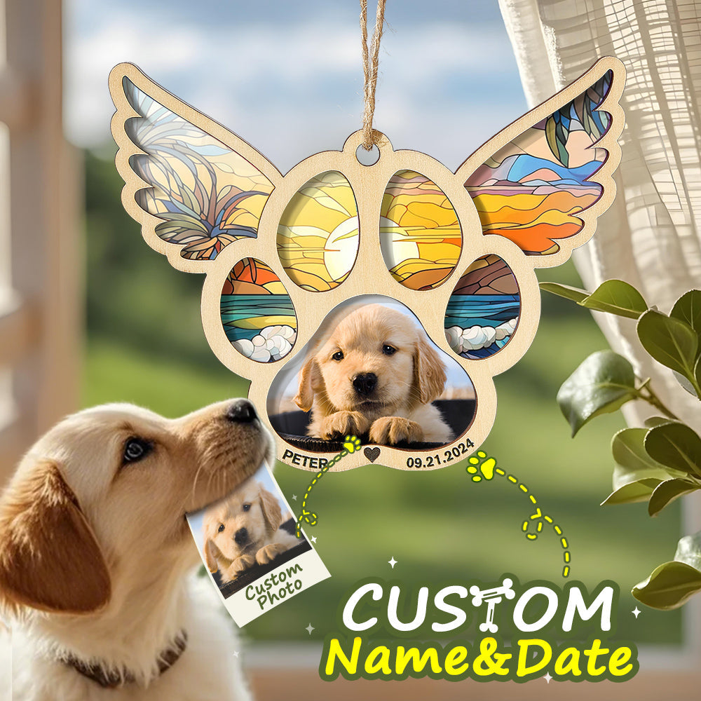 Personalized Pet Suncatcher Ornament with Photo Paw Print Ornament Memorial Gift for Pet Lovers