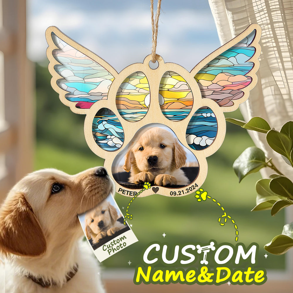 Personalized Pet Suncatcher Ornament with Photo Paw Print Ornament Memorial Gift for Pet Lovers