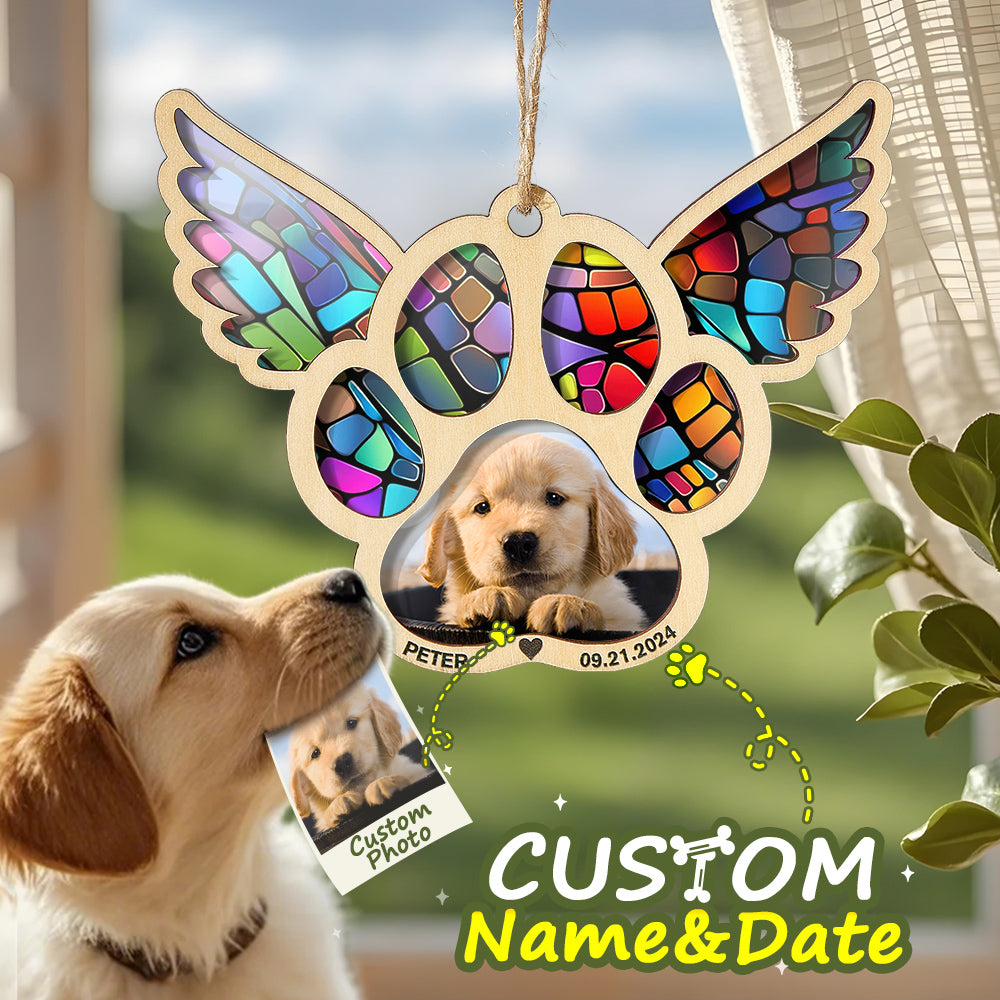 Personalized Pet Suncatcher Ornament with Photo Paw Print Ornament Memorial Gift for Pet Lovers