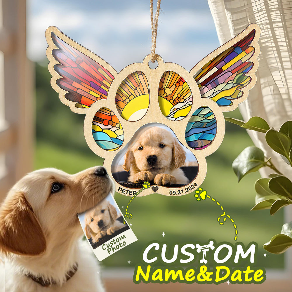 Personalized Pet Suncatcher Ornament with Photo Paw Print Ornament Memorial Gift for Pet Lovers