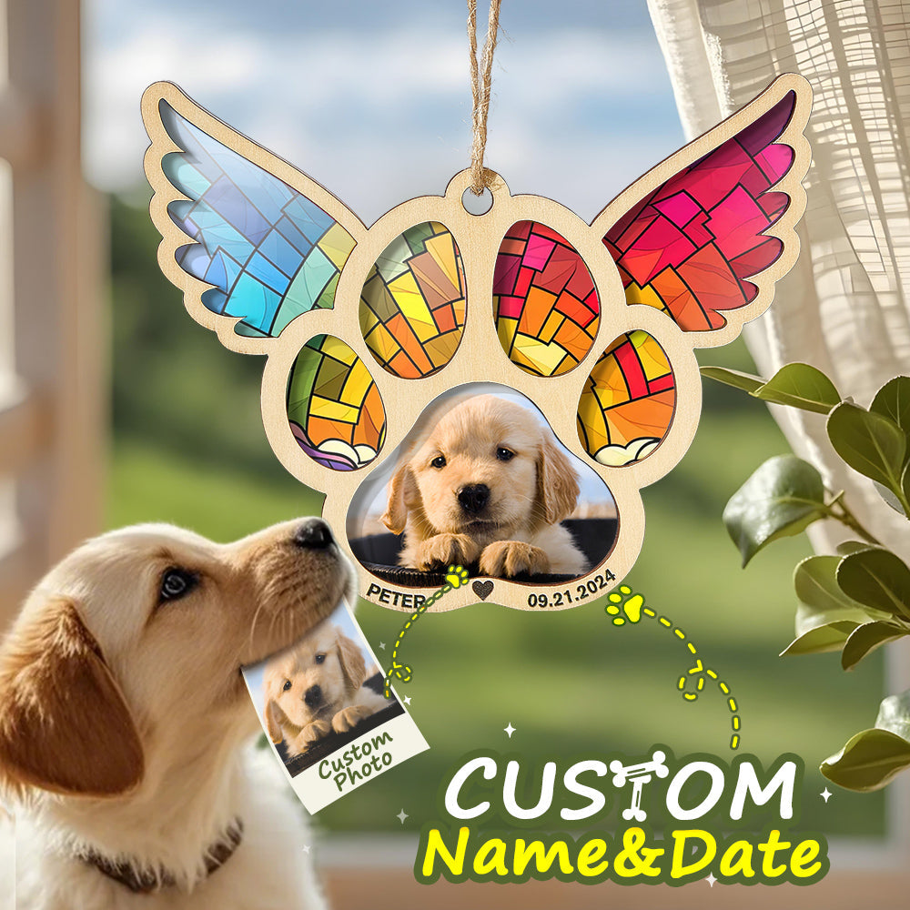 Personalized Pet Suncatcher Ornament with Photo Paw Print Ornament Memorial Gift for Pet Lovers