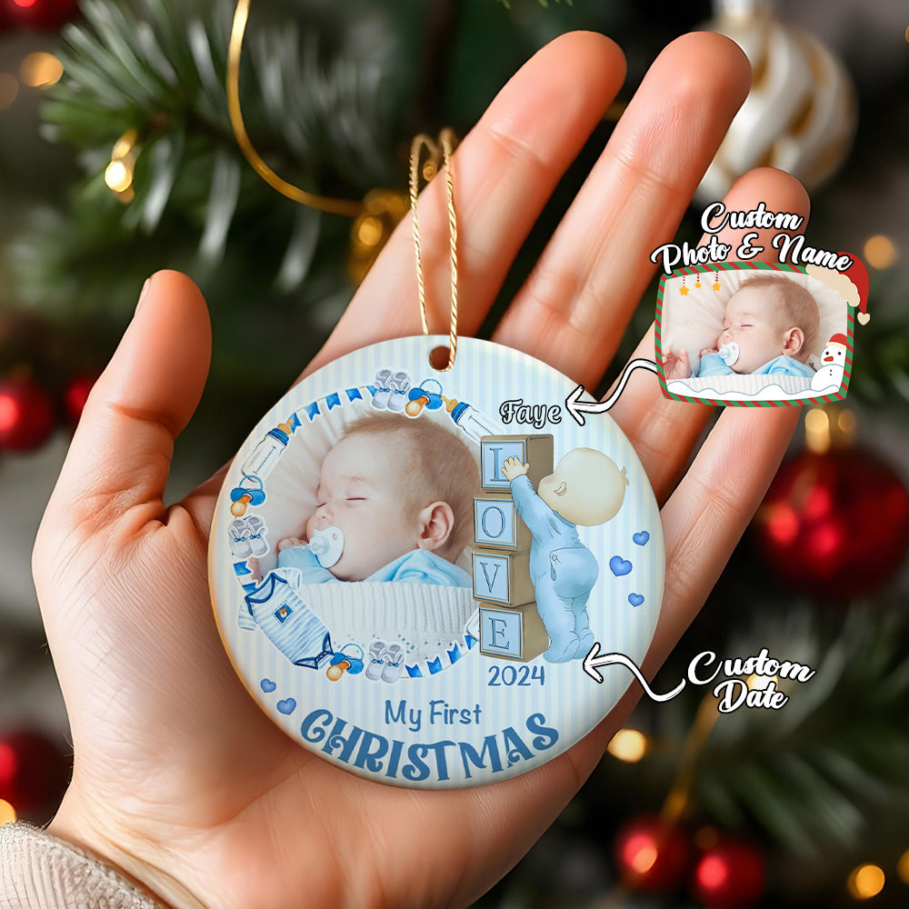 Personalized Baby's First Christmas Ornament with Photo Ceramic Christmas Ornament for Newborn Gift