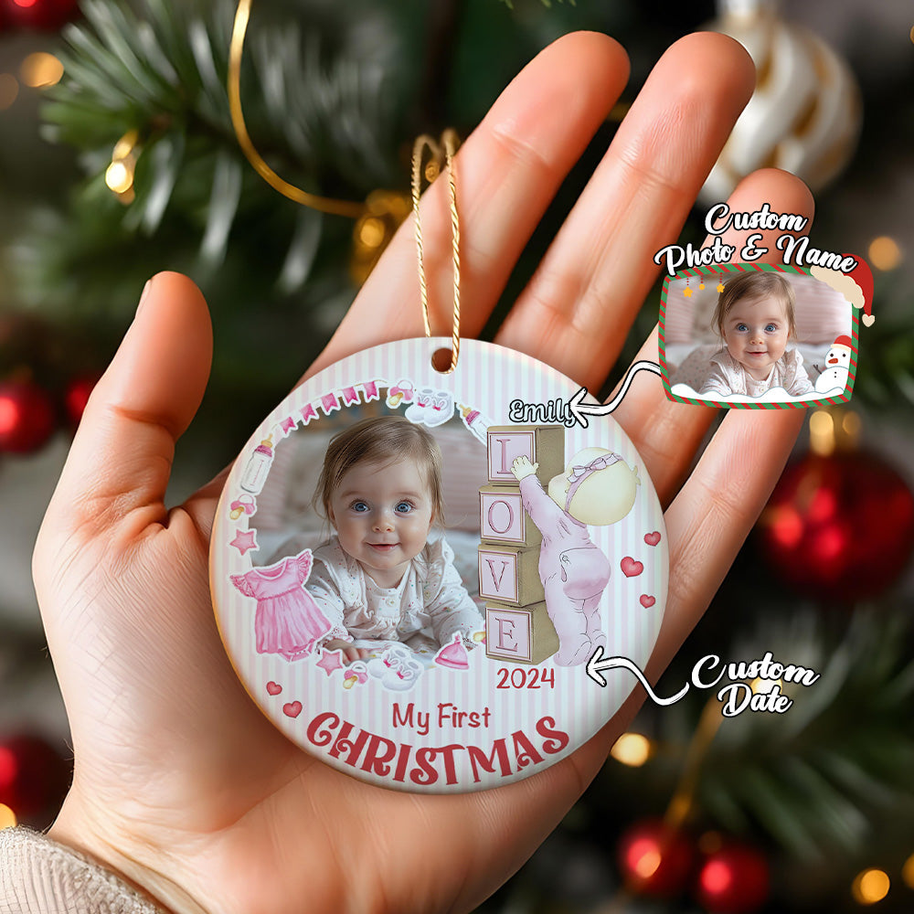 Personalized Baby's First Christmas Ornament with Photo Ceramic Christmas Ornament for Newborn Gift