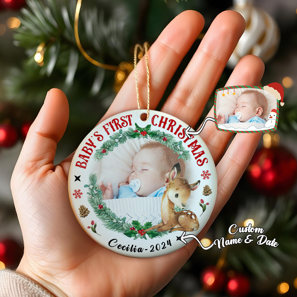 Personalized Baby's First Christmas Ornament with Photo Deer Christmas Ornament Gift for Kid