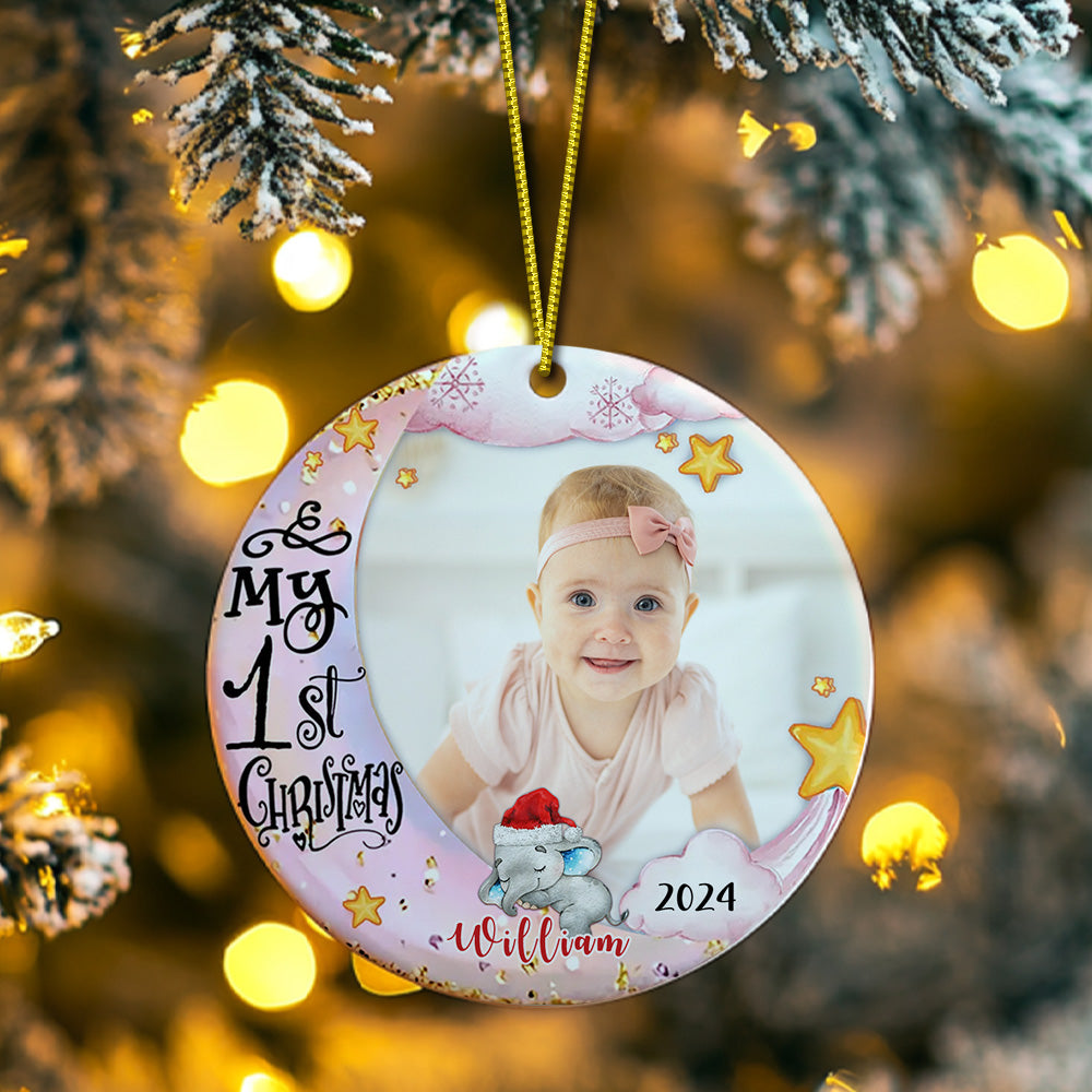 Personalized Baby's First Christmas Ornament Cute Elephant Circle Ornament Christmas Gift for Kid