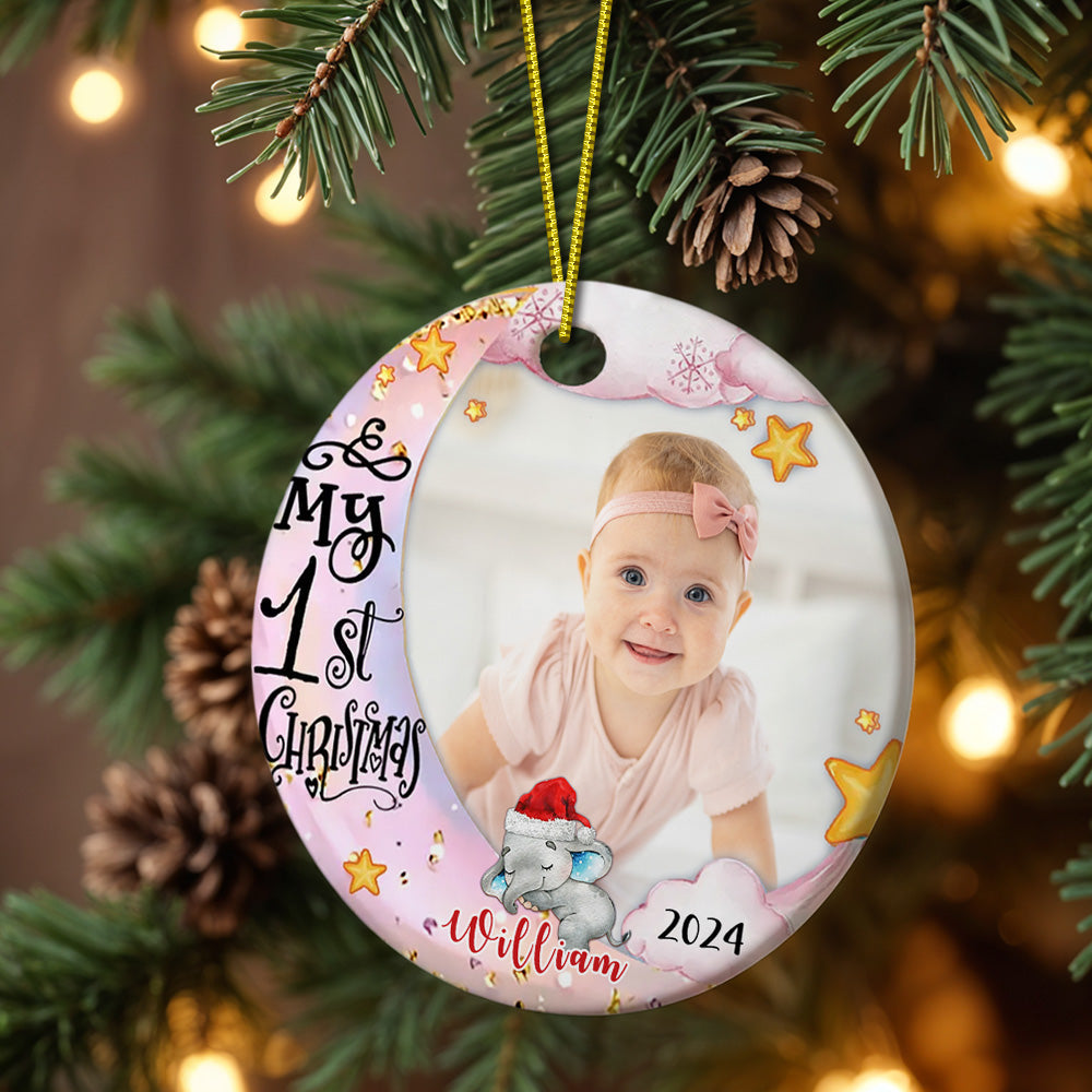 Personalized Baby's First Christmas Ornament Cute Elephant Circle Ornament Christmas Gift for Kid