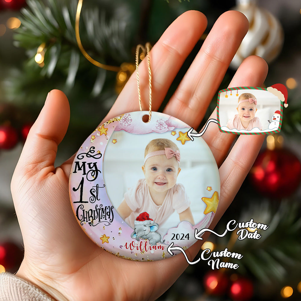 Personalized Baby's First Christmas Ornament Cute Elephant Circle Ornament Christmas Gift for Kid