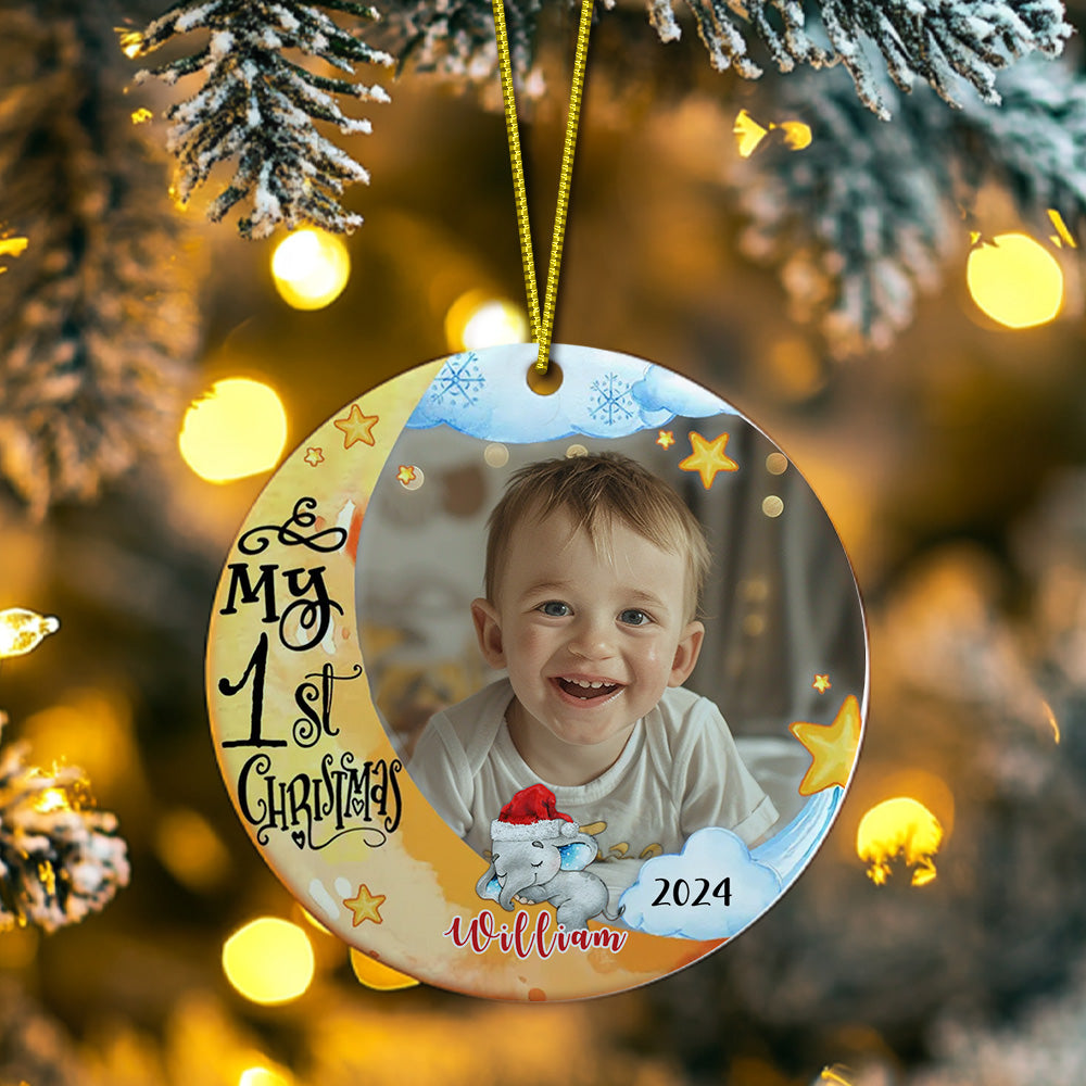 Personalized Baby's First Christmas Ornament Cute Elephant Circle Ornament Christmas Gift for Kid