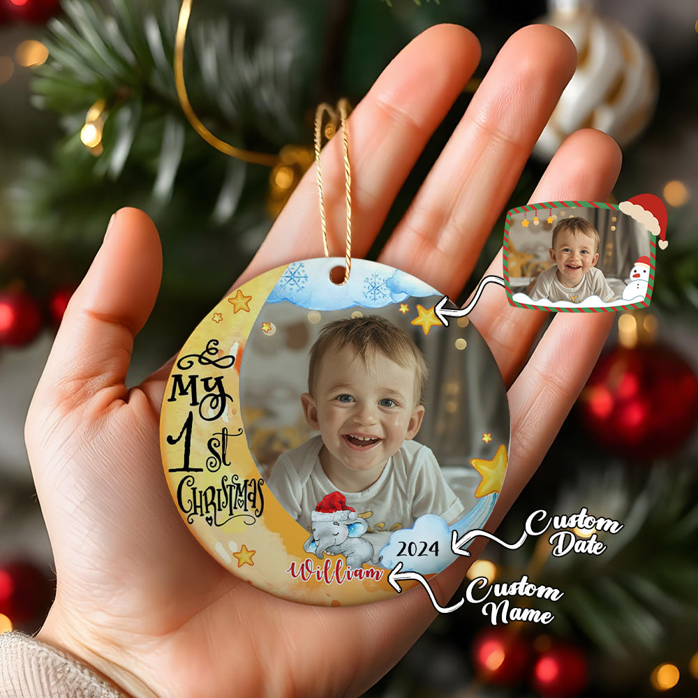 Personalized Baby's First Christmas Ornament Cute Elephant Circle Ornament Christmas Gift for Kid