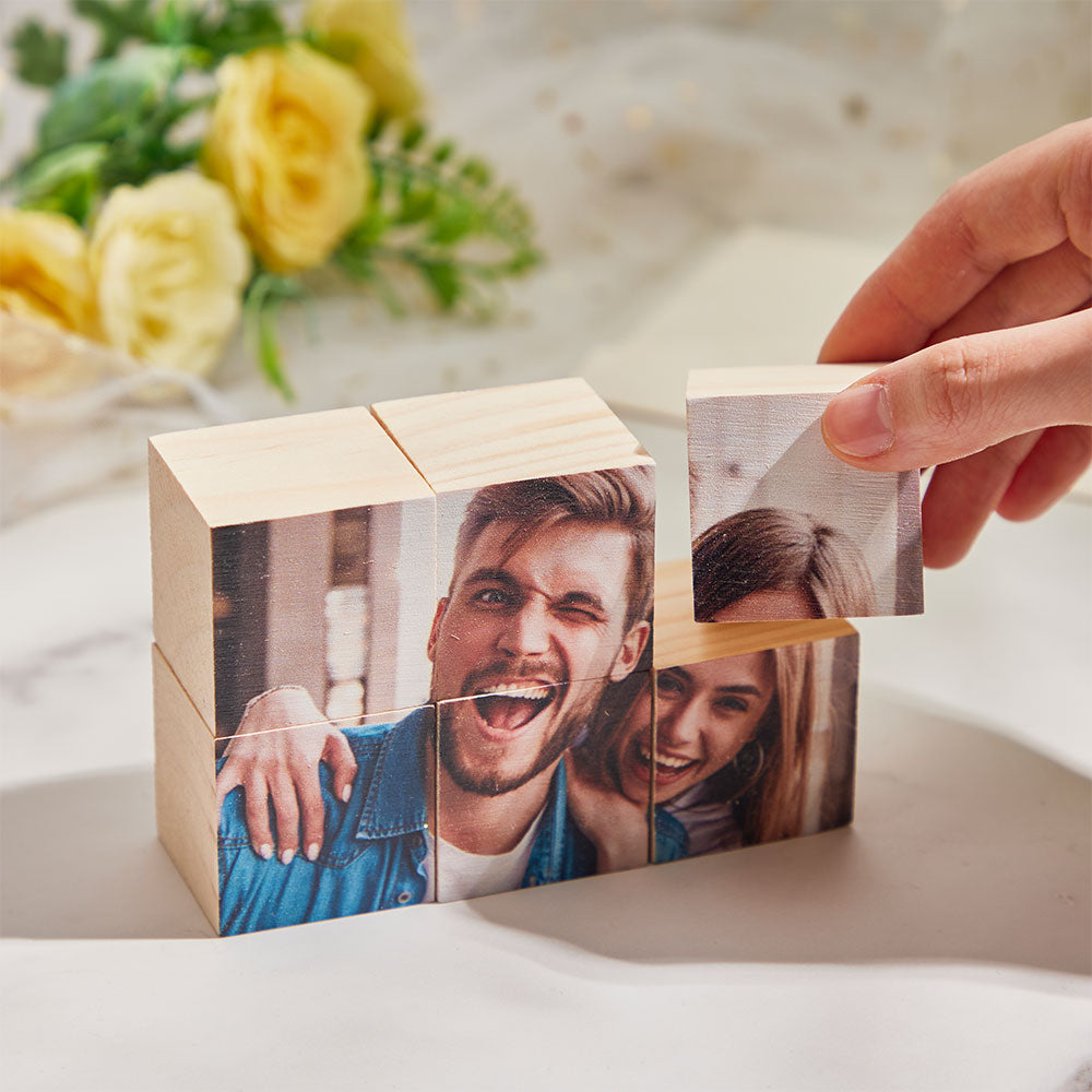 Double Sided Printing Custom Photo Blocks Puzzle Personalised Wooden Table Decor 6 Cubes