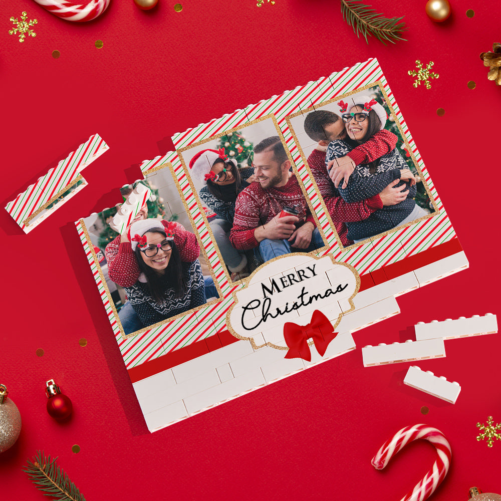 Custom Building Block Puzzle Personalised Horizontal Trio Couple Photo Brick Merry Christmas