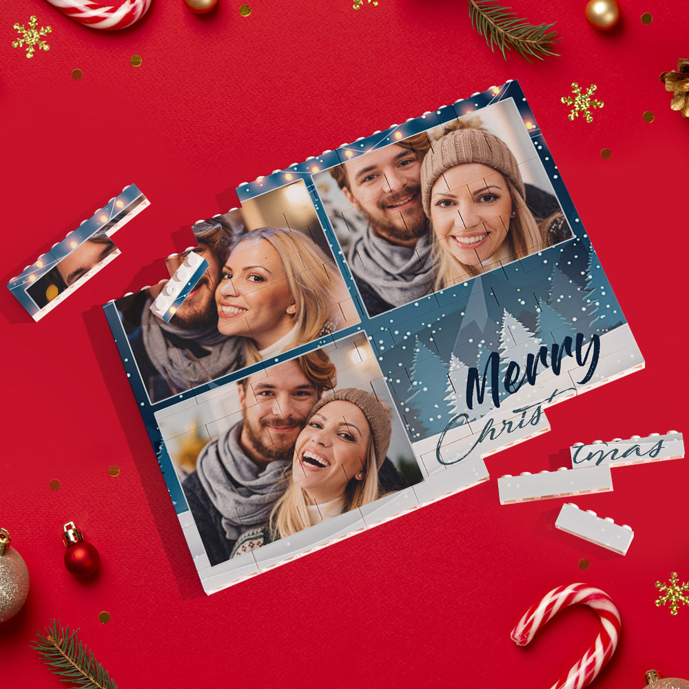 Custom Building Block Puzzle Personalised Blue Horizontal Trio Couple Photo Brick Christmas Gift