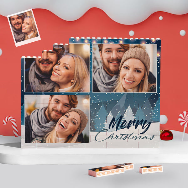 Custom Building Block Puzzle Personalised Blue Horizontal Trio Couple Photo Brick Christmas Gift