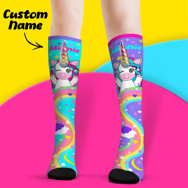 Custom Name Socks Knee High Socks 3D Unicorn Horn Cartoon Socks