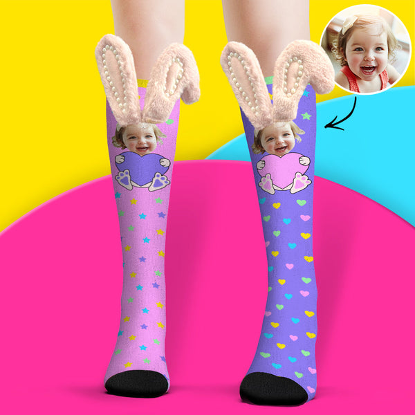 Custom Socks Knee High Face Socks 3D Bunny Ears with Pearls Socks