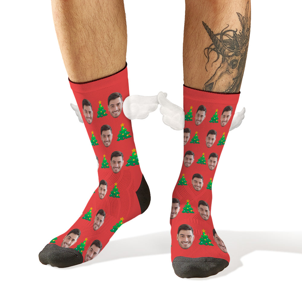 Custom Face Socks with Christmas Tree 3D Magnetic Wing Red Socks for Pet Lover