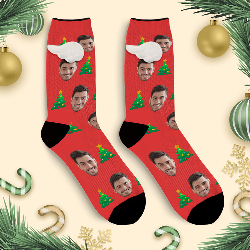 Custom Face Socks with Christmas Tree 3D Magnetic Wing Red Socks for Pet Lover