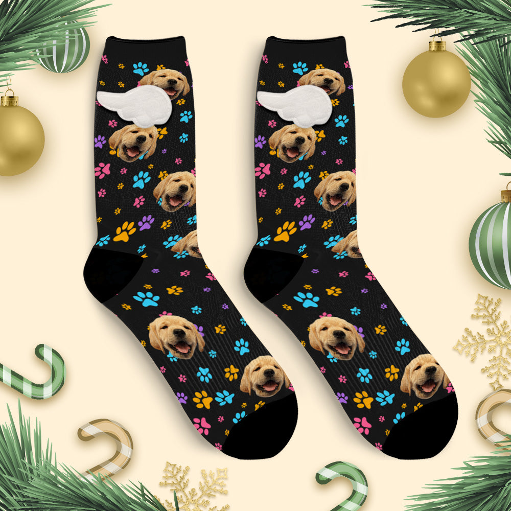 Custom Dog Face Socks Colorful Dog Paw Prints 3D Magnetic Wing Socks for Pet Lover