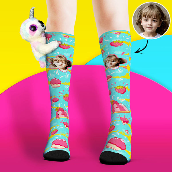 Custom Socks Knee High Face Socks Sloth Doll Pink Dessert Socks