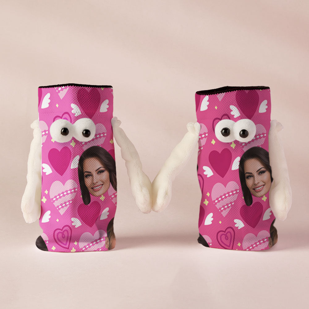 Custom Face Socks Funny Doll Mid Tube Socks Magnetic Holding Hands Socks Pink Heart Valentine's Day Gifts