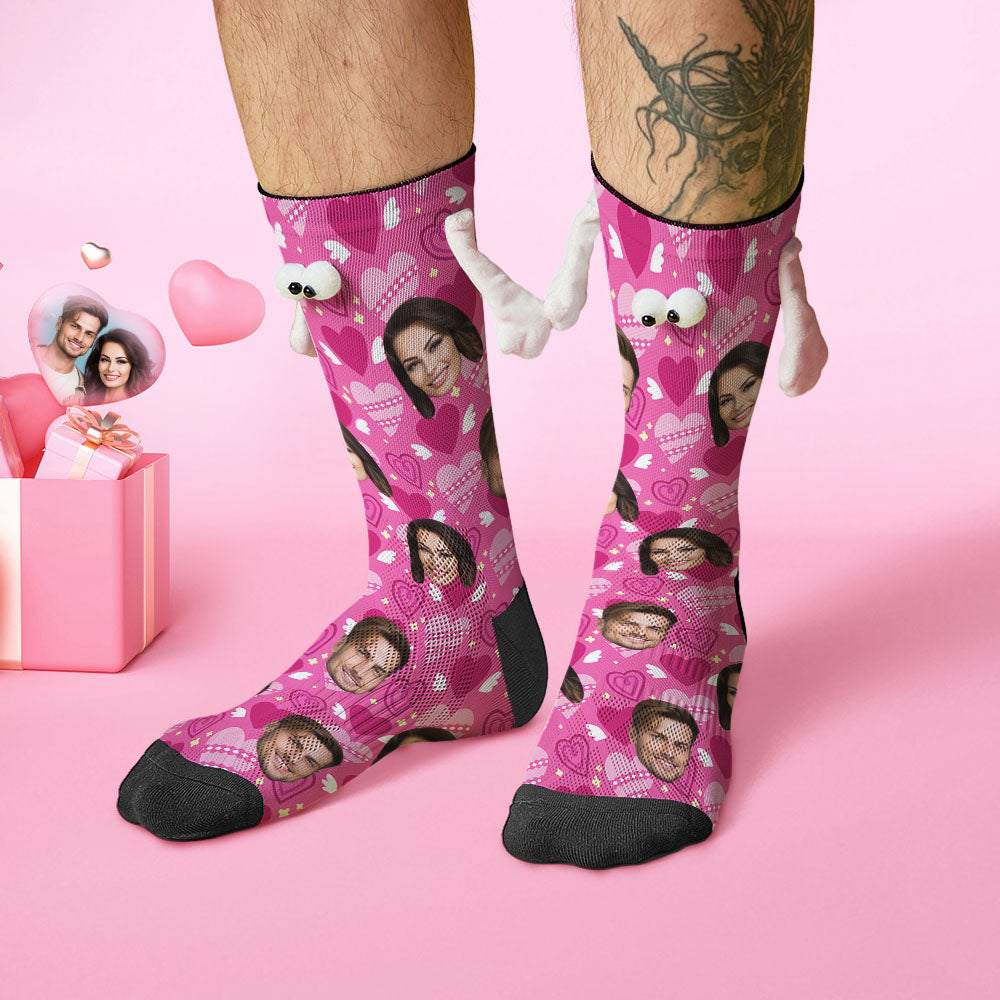 Custom Face Socks Funny Doll Mid Tube Socks Magnetic Holding Hands Socks Pink Heart Valentine's Day Gifts