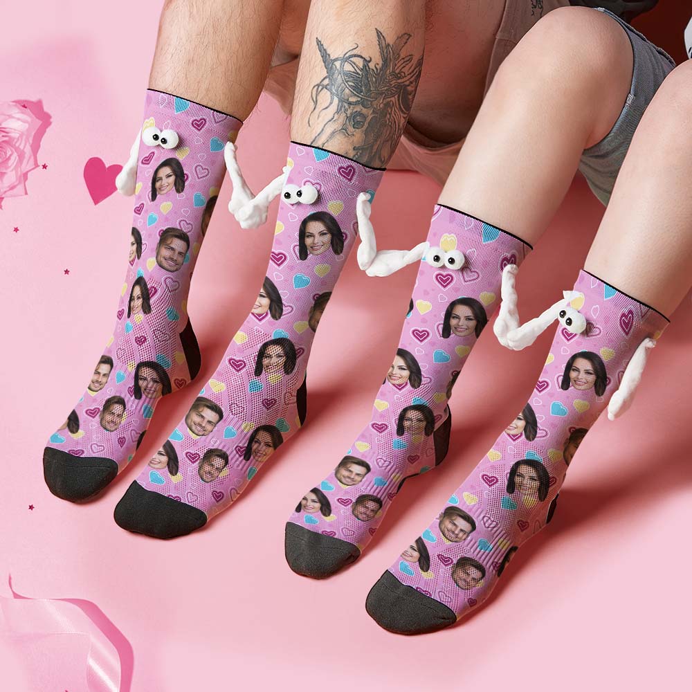 Custom Face Socks Funny Doll Mid Tube Pink Socks Magnetic Holding Hands Socks Valentine's Day Gifts