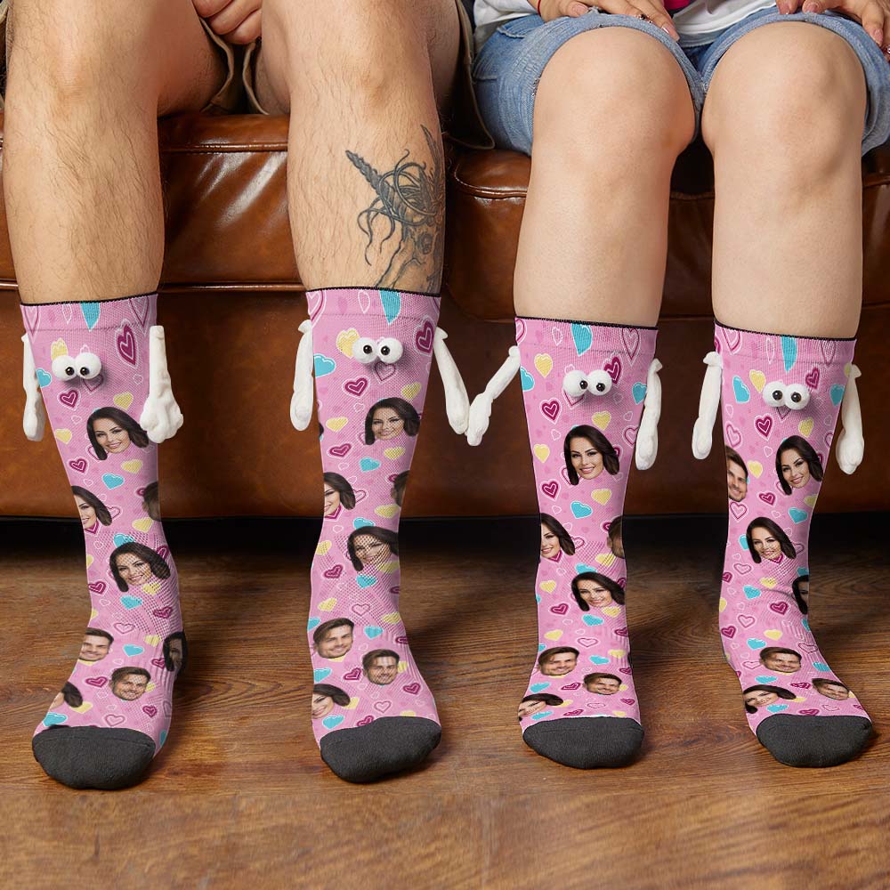 Custom Face Socks Funny Doll Mid Tube Pink Socks Magnetic Holding Hands Socks Valentine's Day Gifts