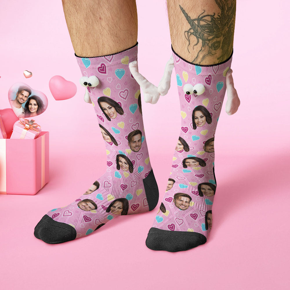 Custom Face Socks Funny Doll Mid Tube Pink Socks Magnetic Holding Hands Socks Valentine's Day Gifts