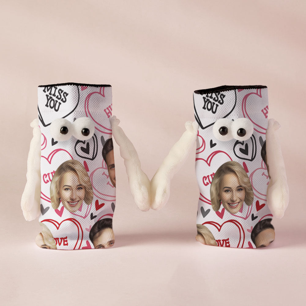 Custom Face Socks Funny Doll Mid Tube Socks Magnetic Holding Hands Socks Miss You Valentine's Day Gifts