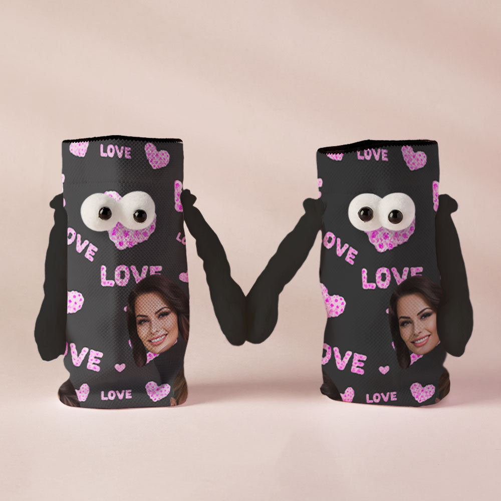 Custom Face Socks Funny Doll Mid Tube Black Socks Magnetic Holding Hands Socks Pink Love Valentine's Day Gifts