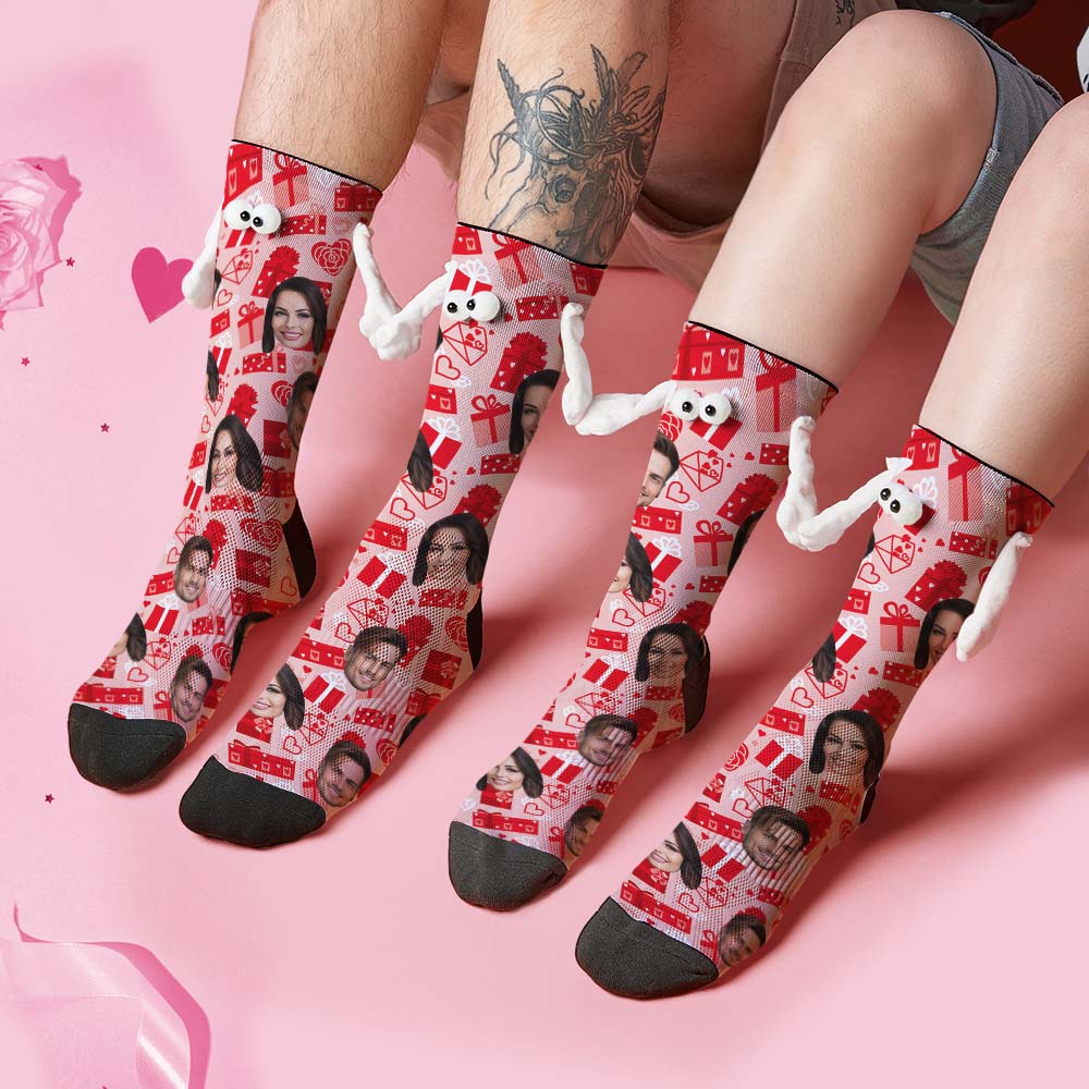 Custom Face Socks Funny Doll Mid Tube Red Socks Magnetic Holding Hands Socks Valentine's Day Gifts