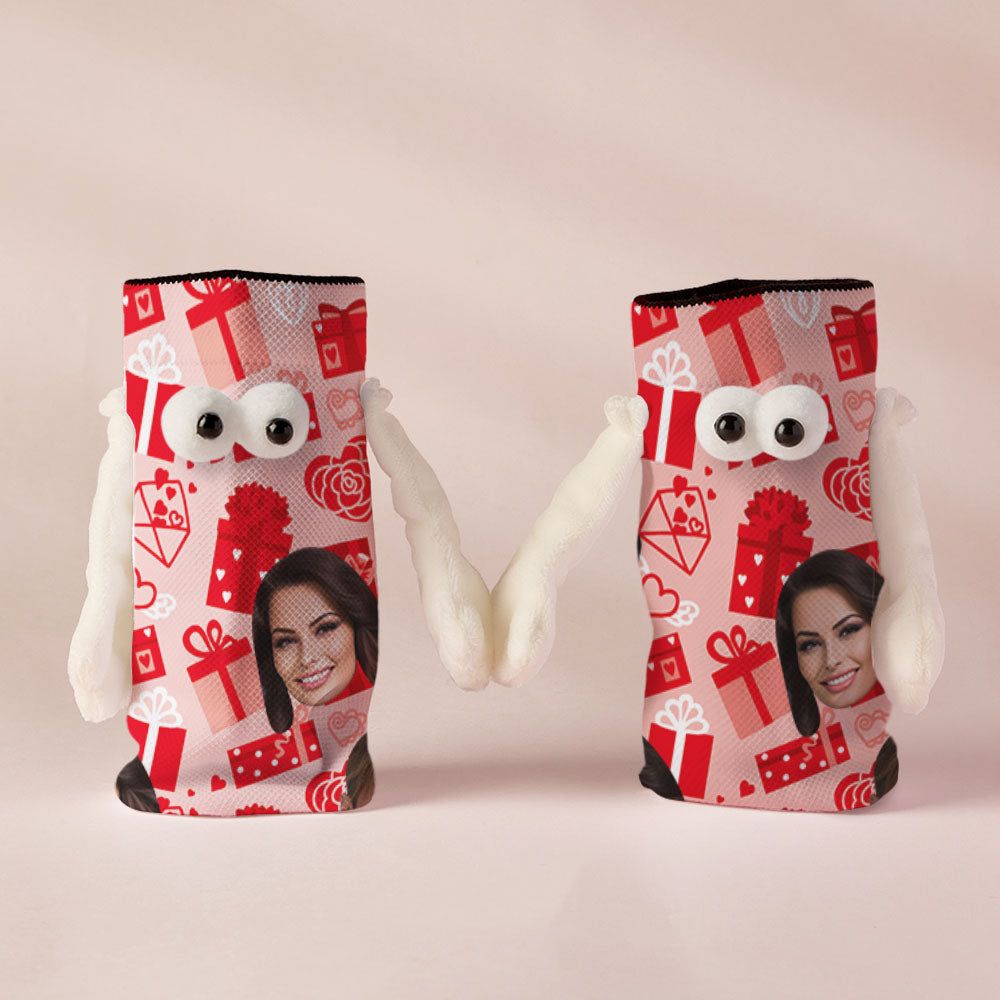 Custom Face Socks Funny Doll Mid Tube Red Socks Magnetic Holding Hands Socks Valentine's Day Gifts