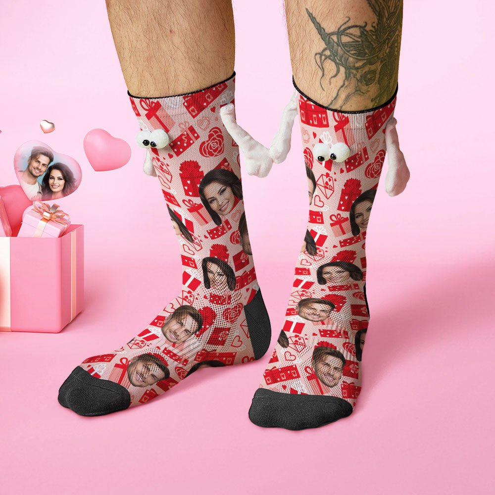 Custom Face Socks Funny Doll Mid Tube Red Socks Magnetic Holding Hands Socks Valentine's Day Gifts