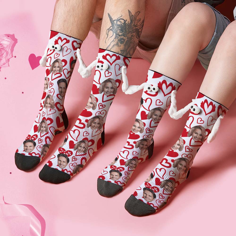 Custom Face Socks Funny Doll Mid Tube Socks Magnetic Holding Hands Socks Red Heart Valentine's Day Gifts