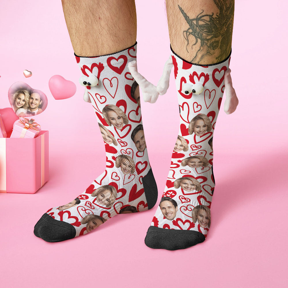 Custom Face Socks Funny Doll Mid Tube Socks Magnetic Holding Hands Socks Red Heart Valentine's Day Gifts