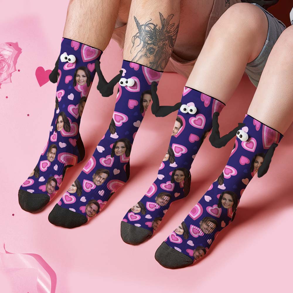 Custom Face Socks Funny Doll Mid Tube Purple Socks Magnetic Holding Hands Socks Pink Heart Valentine's Day Gifts