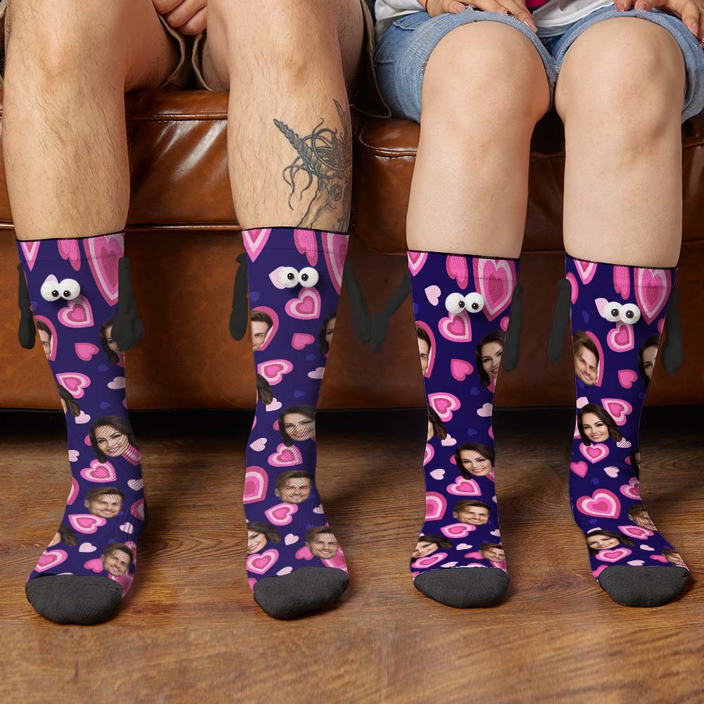 Custom Face Socks Funny Doll Mid Tube Purple Socks Magnetic Holding Hands Socks Pink Heart Valentine's Day Gifts